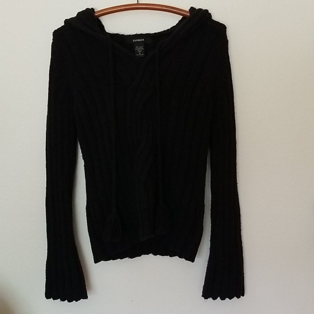 Merino Wool Express M hood Black CableKnit Sweater